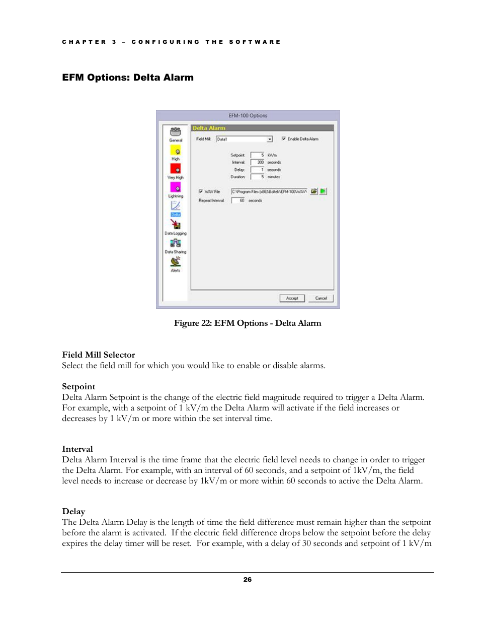 Ptions, Elta, Larm | Figure 22: efm options - delta alarm | Boltek EFM-100 v.1 User Manual | Page 32 / 52