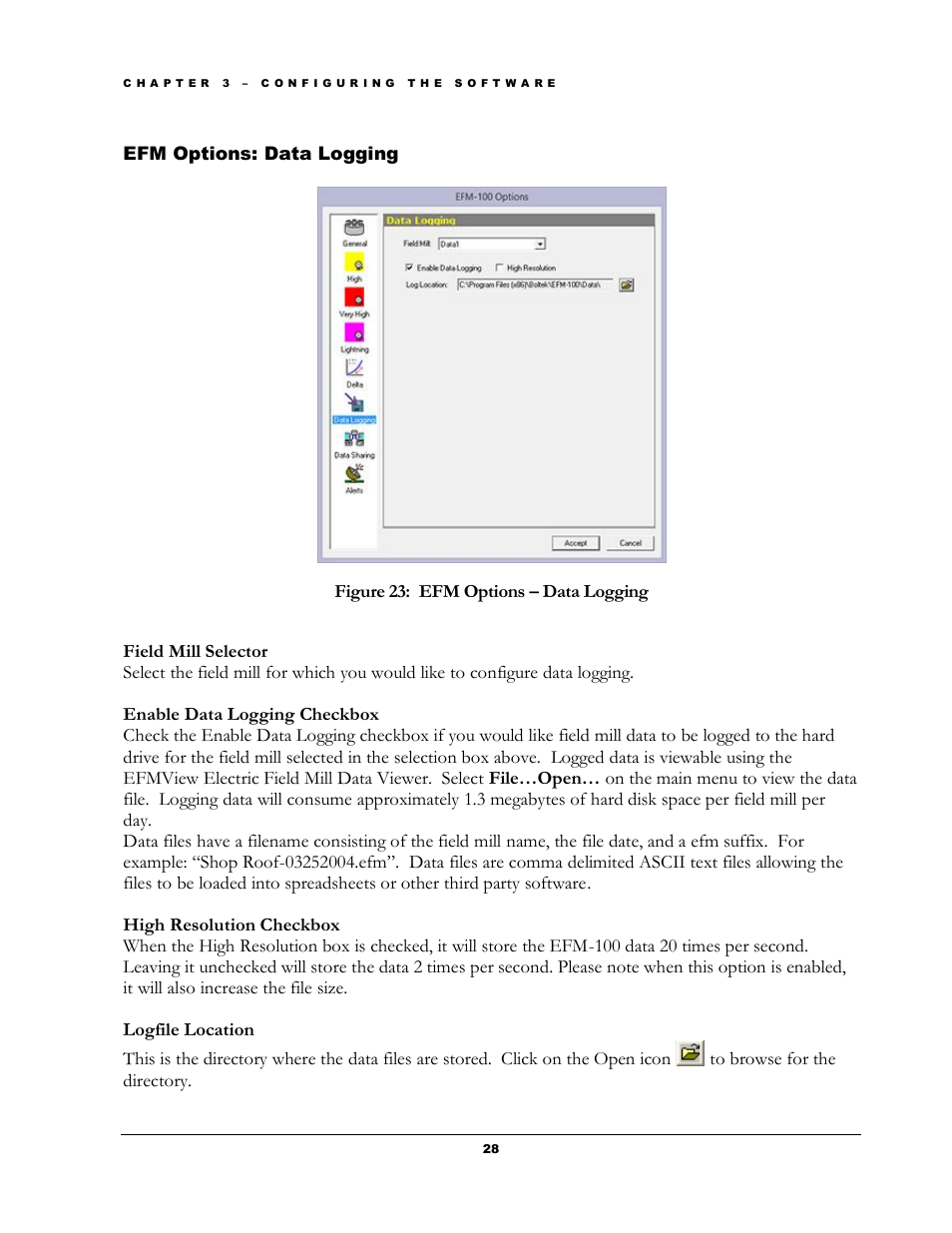 Ptions, Ogging, Figure 23: efm options – data logging | Boltek EFM-100 v.1 User Manual | Page 34 / 52