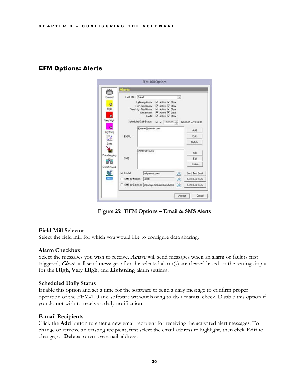 Ptions, Lerts, Figure 25: efm options – email & sms alerts | Boltek EFM-100 v.1 User Manual | Page 36 / 52