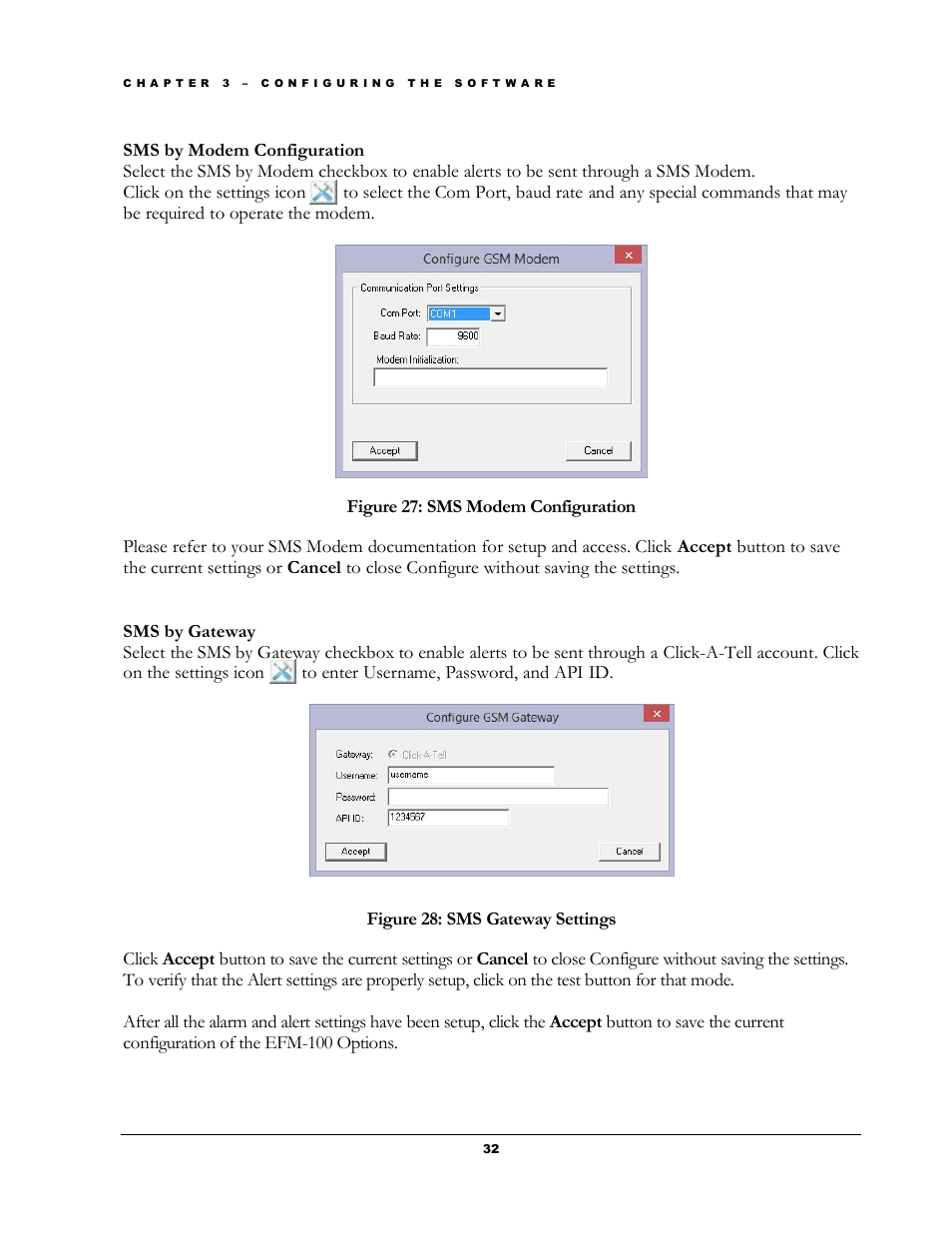 Figure 27: sms modem configuration, Figure 28: sms gateway settings | Boltek EFM-100 v.1 User Manual | Page 38 / 52