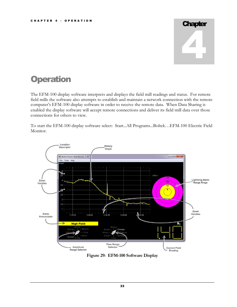 Operation, Figure 29: efm-100 software display | Boltek EFM-100 v.1 User Manual | Page 39 / 52