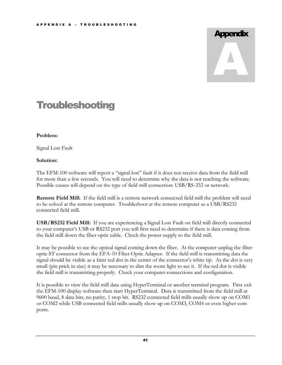 Troubleshooting, Appendix | Boltek EFM-100 v.1 User Manual | Page 47 / 52