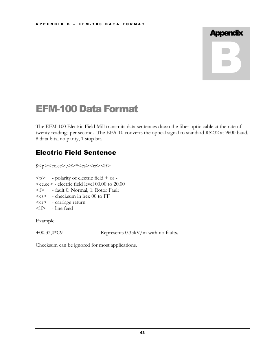 Efm-100 data format, Lectric, Ield | Entence, Appendix | Boltek EFM-100 v.1 User Manual | Page 49 / 52