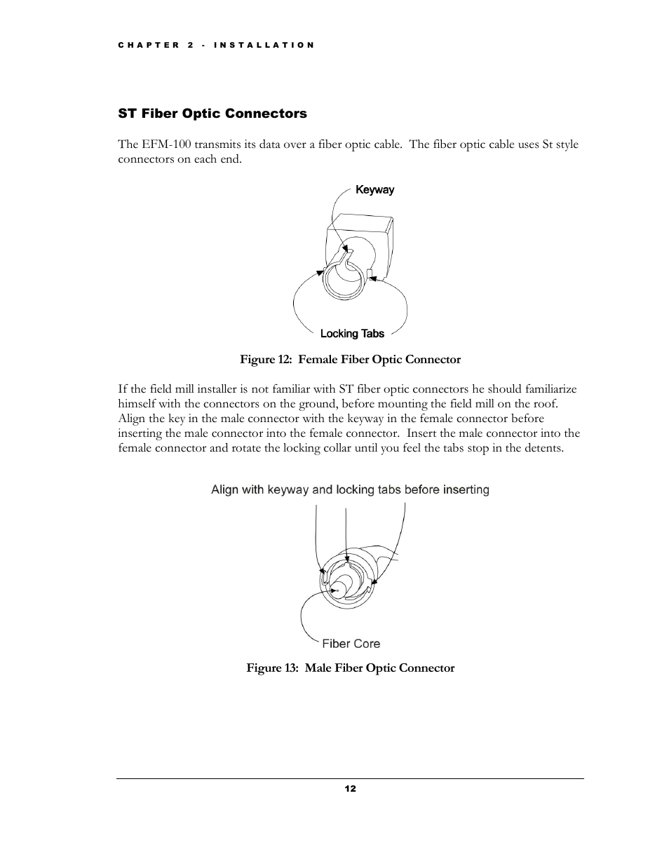 Iber, Ptic, Onnectors | Figure 12: female fiber optic connector, Figure 13: male fiber optic connector | Boltek EFM-100 v.2 User Manual | Page 18 / 48