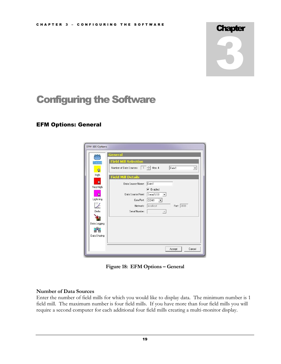 Configuring the software, Ptions, Eneral | Figure 18: efm options – general | Boltek EFM-100 v.2 User Manual | Page 25 / 48