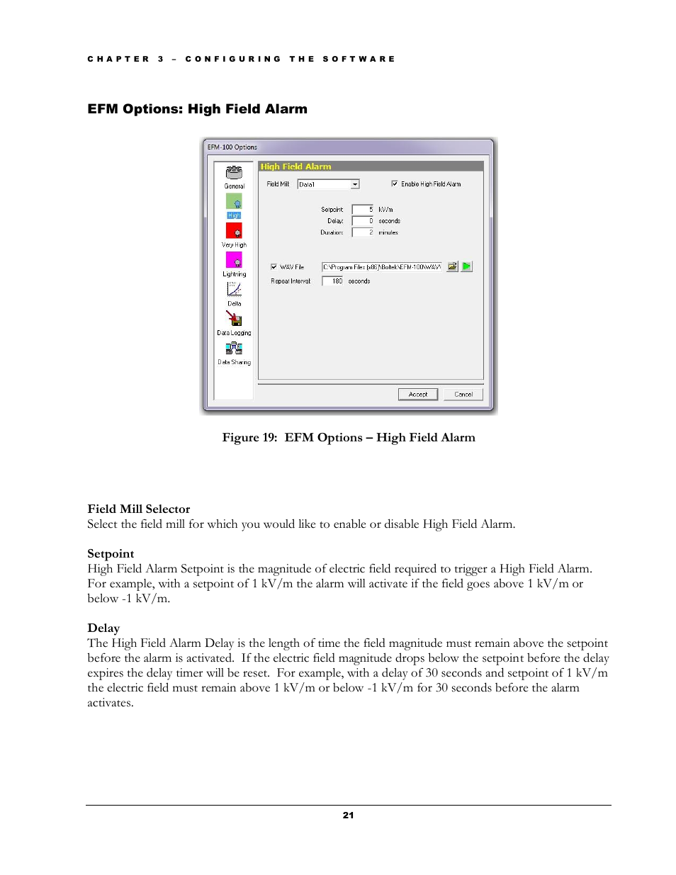 Ptions, Ield, Larm | Figure 19: efm options – high field alarm | Boltek EFM-100 v.2 User Manual | Page 27 / 48