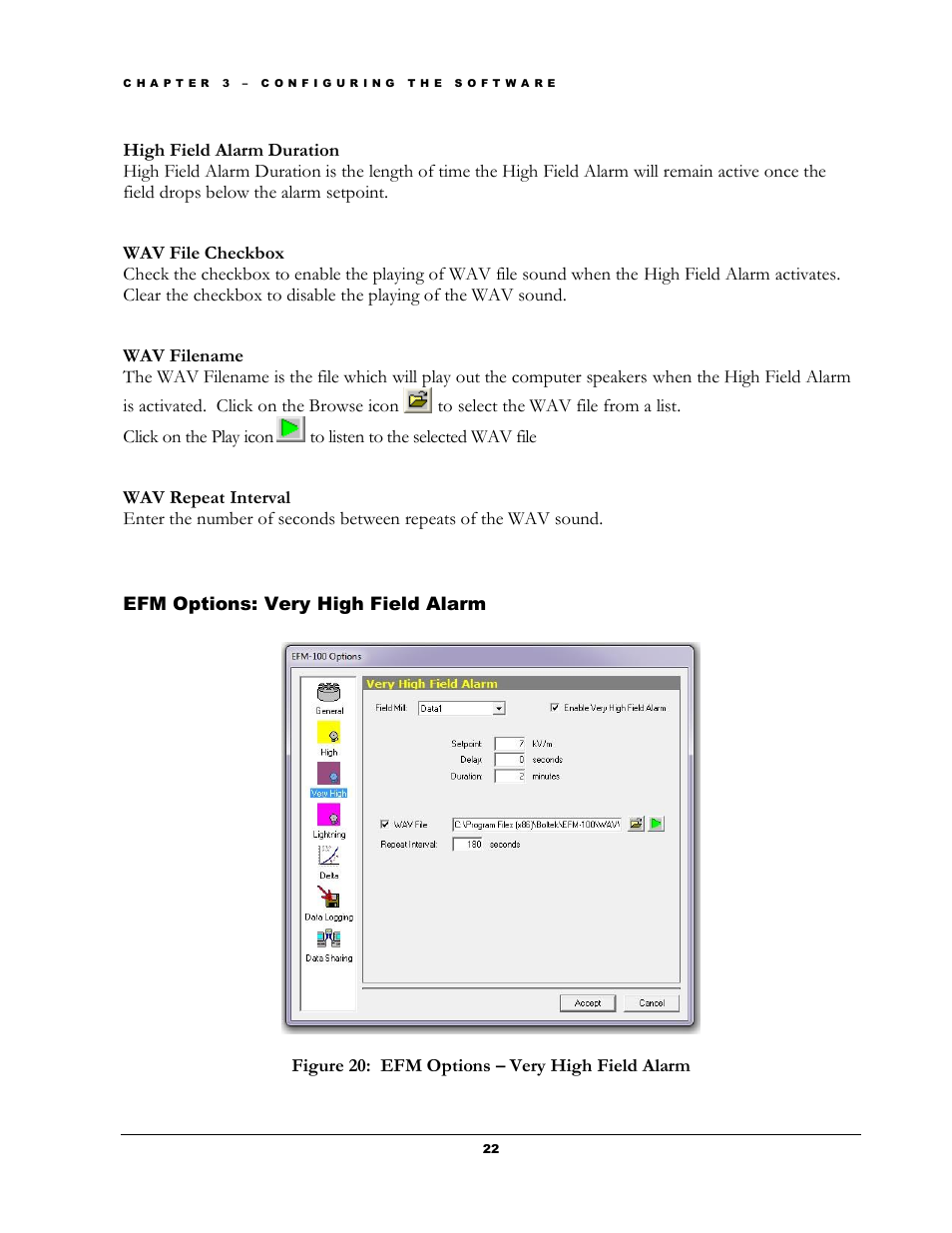 Ptions, Ield, Larm | Figure 20: efm options – very high field alarm | Boltek EFM-100 v.2 User Manual | Page 28 / 48