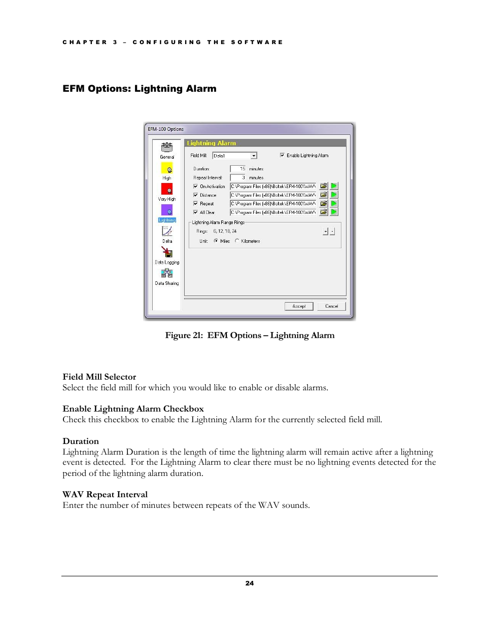 Ptions, Ightning, Larm | Figure 21: efm options – lightning alarm | Boltek EFM-100 v.2 User Manual | Page 30 / 48