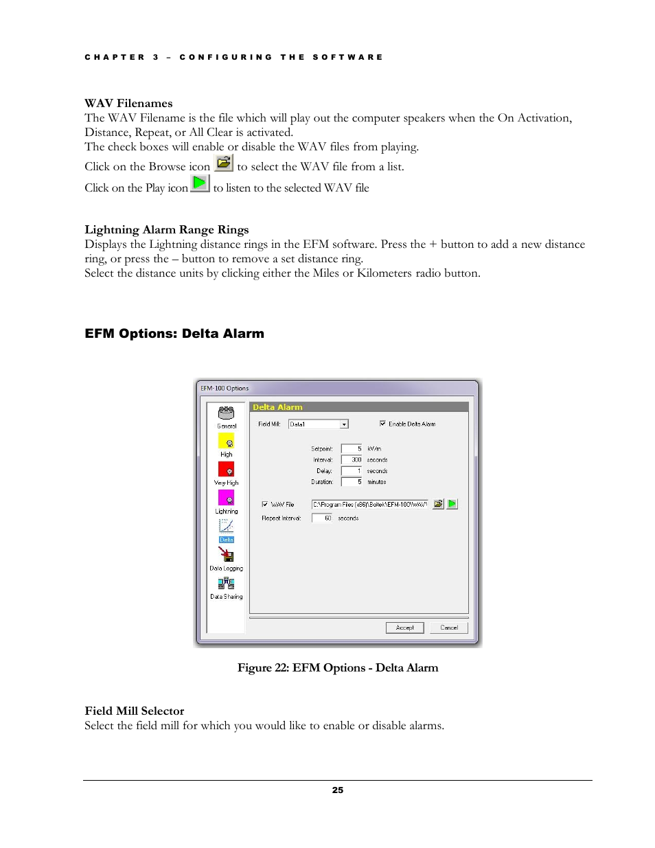 Ptions, Elta, Larm | Figure 22: efm options - delta alarm | Boltek EFM-100 v.2 User Manual | Page 31 / 48