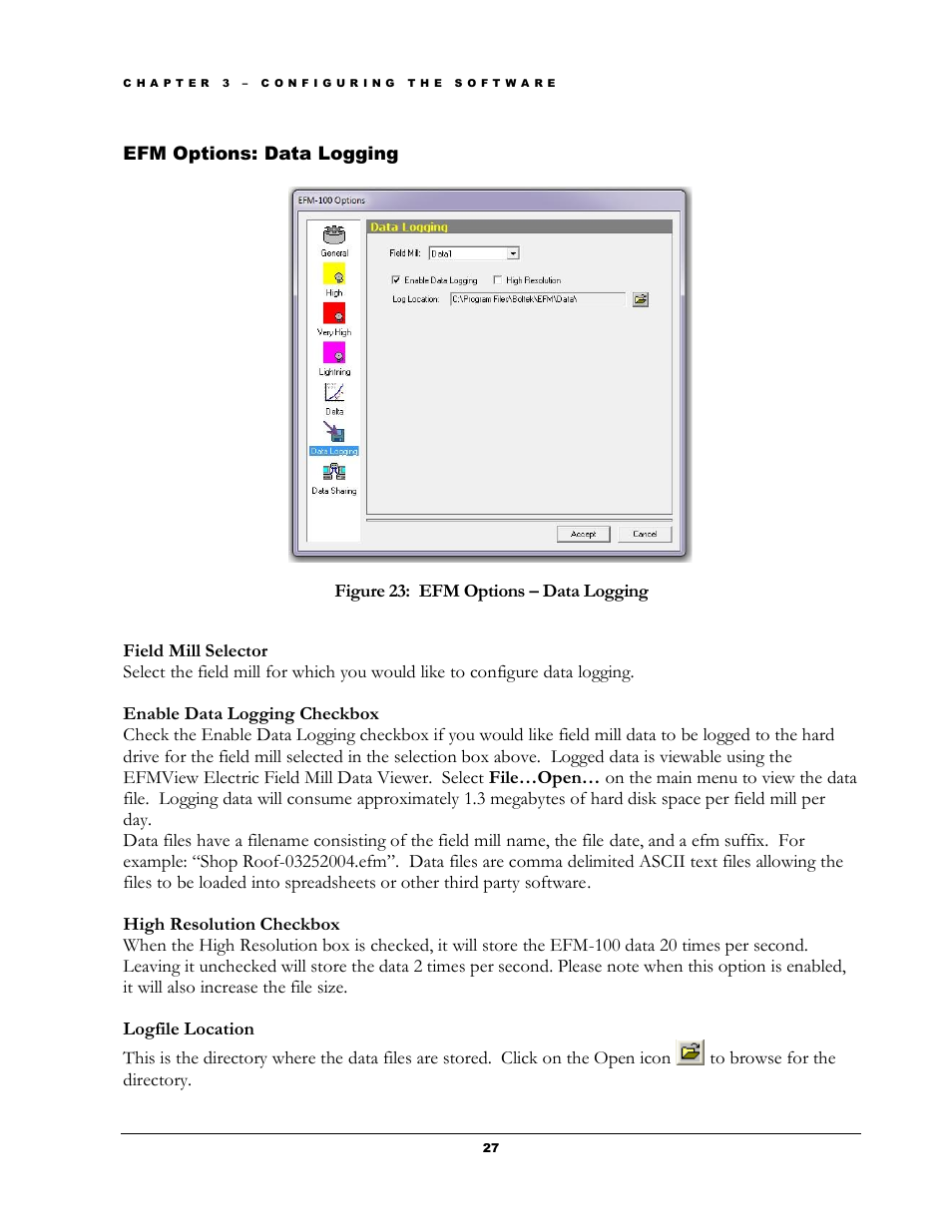 Ptions, Ogging, Figure 23: efm options – data logging | Boltek EFM-100 v.2 User Manual | Page 33 / 48