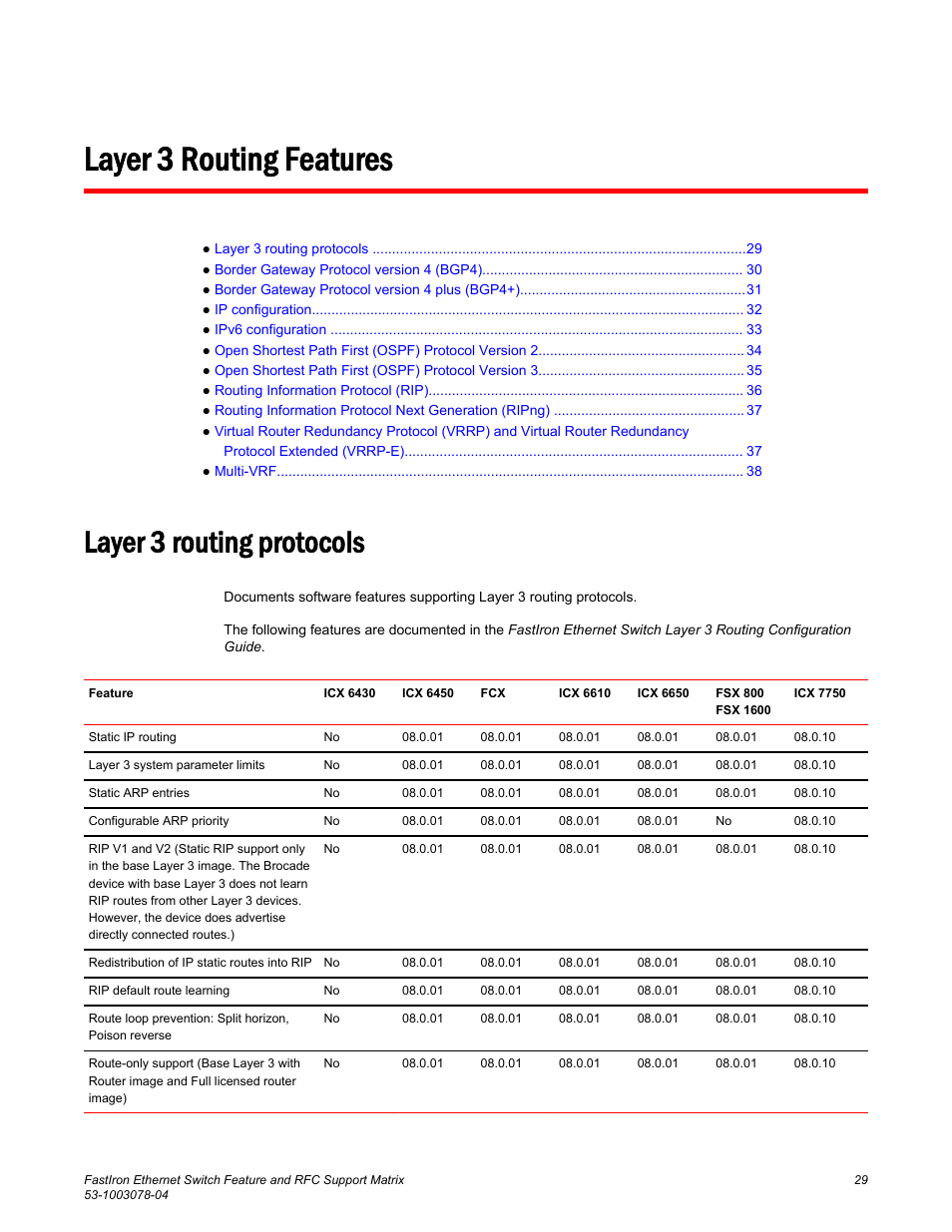 Layer 3 routing features, Layer 3 routing protocols | Brocade FastIron Ethernet Switch Feature and RFC Support Matrix User Manual | Page 29 / 66