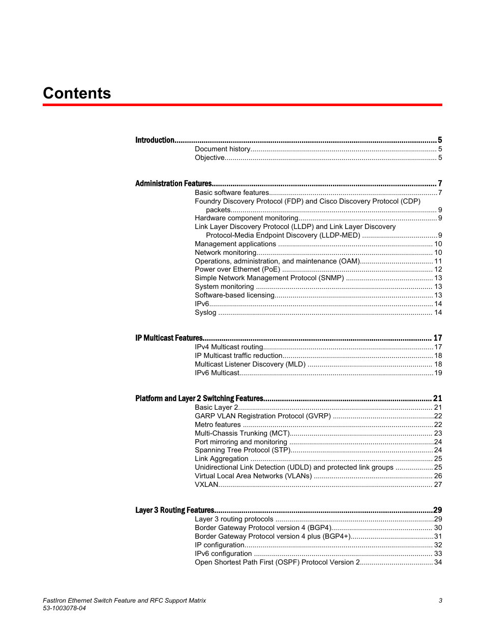 Brocade FastIron Ethernet Switch Feature and RFC Support Matrix User Manual | Page 3 / 66