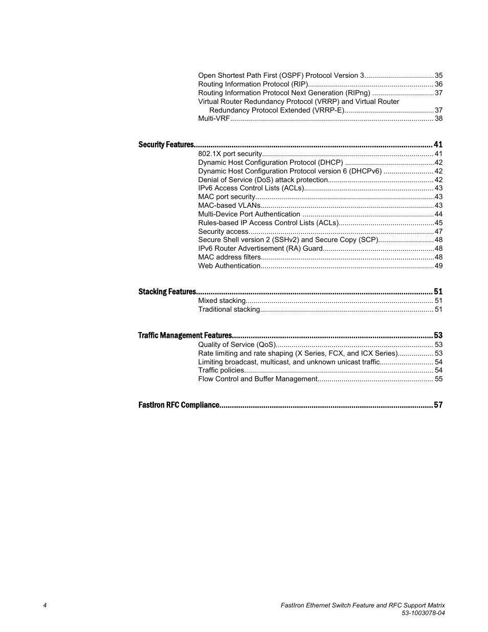Brocade FastIron Ethernet Switch Feature and RFC Support Matrix User Manual | Page 4 / 66