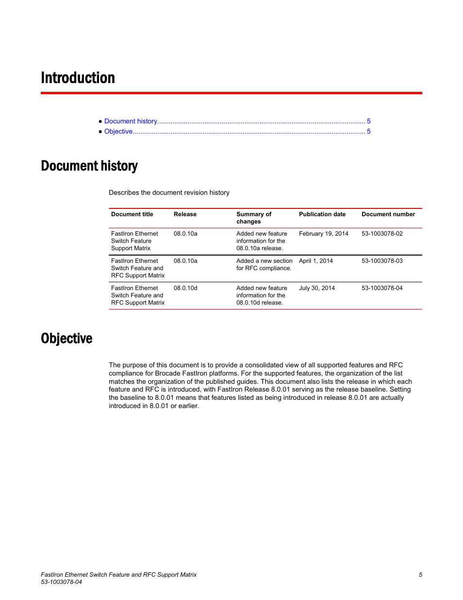 Introduction, Document history, Objective | Document history objective | Brocade FastIron Ethernet Switch Feature and RFC Support Matrix User Manual | Page 5 / 66