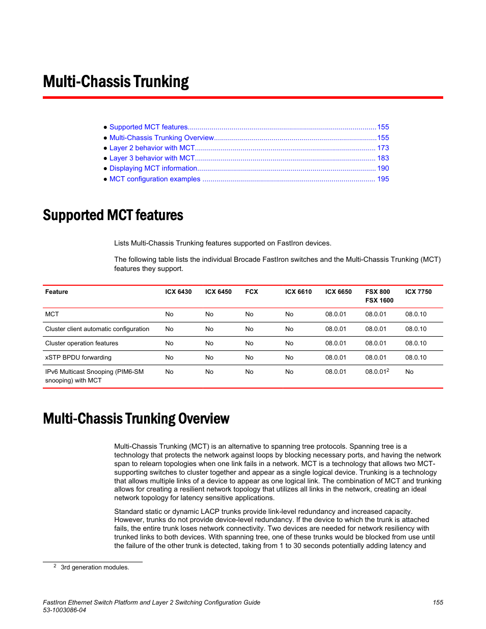 Multi-chassis trunking, Supported mct features, Multi-chassis trunking overview | Brocade FastIron Ethernet Switch Platform and Layer 2 Switching Configuration Guide User Manual | Page 155 / 454
