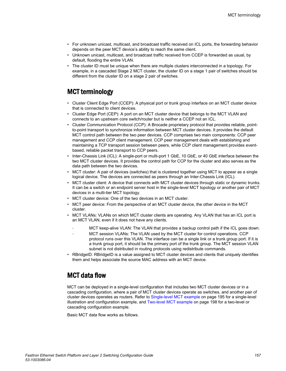 Mct terminology, Mct data flow, Mct terminology mct data flow | Brocade FastIron Ethernet Switch Platform and Layer 2 Switching Configuration Guide User Manual | Page 157 / 454