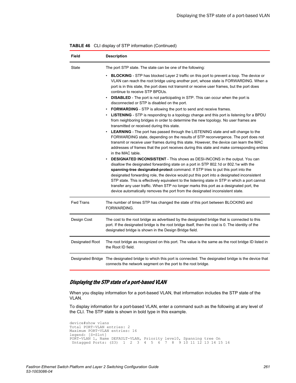 Displaying the stp state of a port-based vlan, Ports. refer to | Brocade FastIron Ethernet Switch Platform and Layer 2 Switching Configuration Guide User Manual | Page 261 / 454