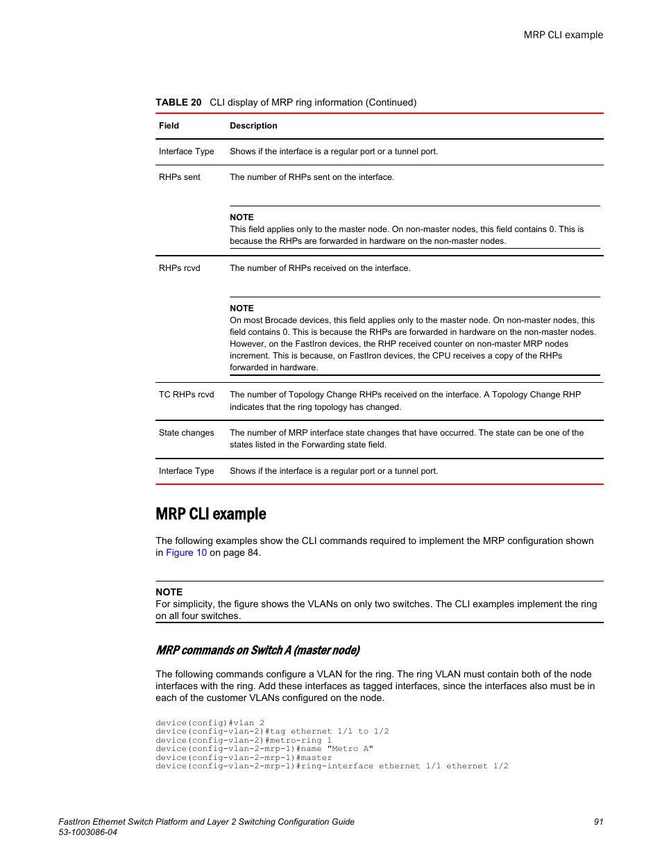 Mrp cli example, Mrp commands on switch a (master node), Refer to | Brocade FastIron Ethernet Switch Platform and Layer 2 Switching Configuration Guide User Manual | Page 91 / 454