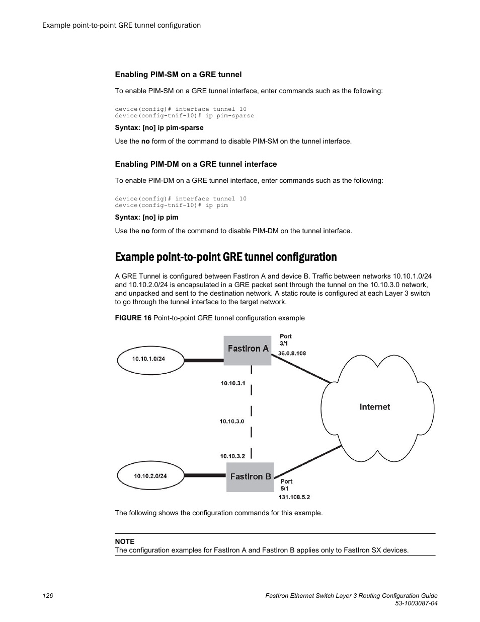 Example point-to-point gre tunnel configuration | Brocade FastIron Ethernet Switch Layer 3 Routing Configuration Guide User Manual | Page 126 / 672