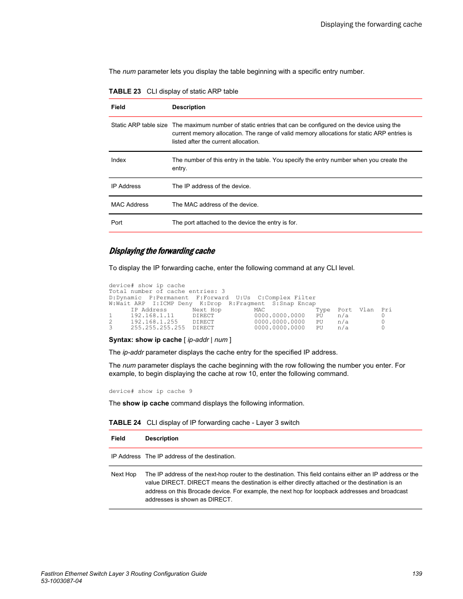 Displaying the forwarding cache | Brocade FastIron Ethernet Switch Layer 3 Routing Configuration Guide User Manual | Page 139 / 672