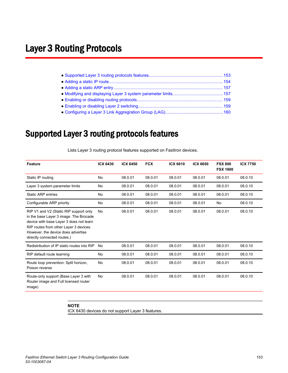 Layer 3 routing protocols, Supported layer 3 routing protocols features | Brocade FastIron Ethernet Switch Layer 3 Routing Configuration Guide User Manual | Page 153 / 672