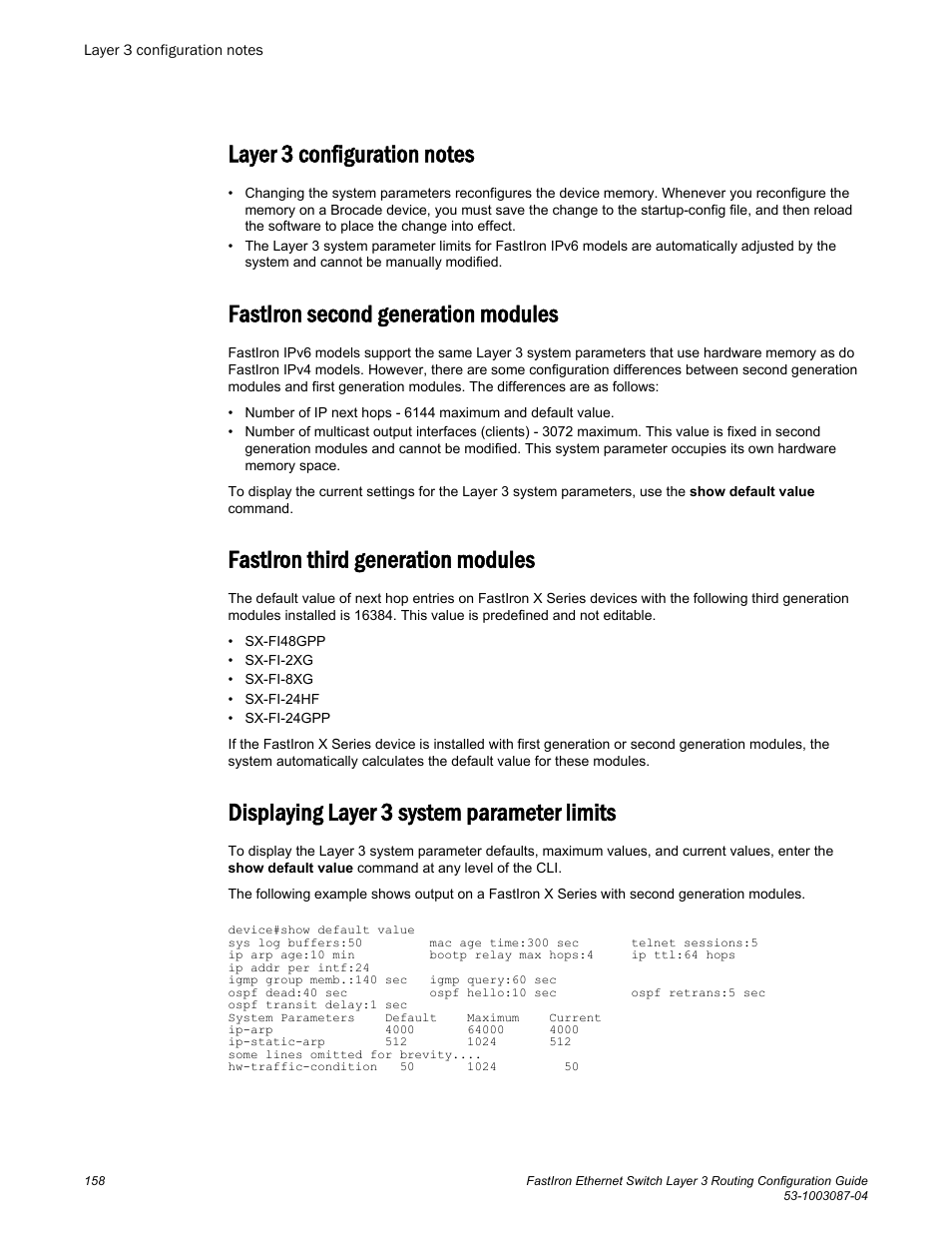 Layer 3 configuration notes, Fastiron second generation modules, Fastiron third generation modules | Displaying layer 3 system parameter limits | Brocade FastIron Ethernet Switch Layer 3 Routing Configuration Guide User Manual | Page 158 / 672