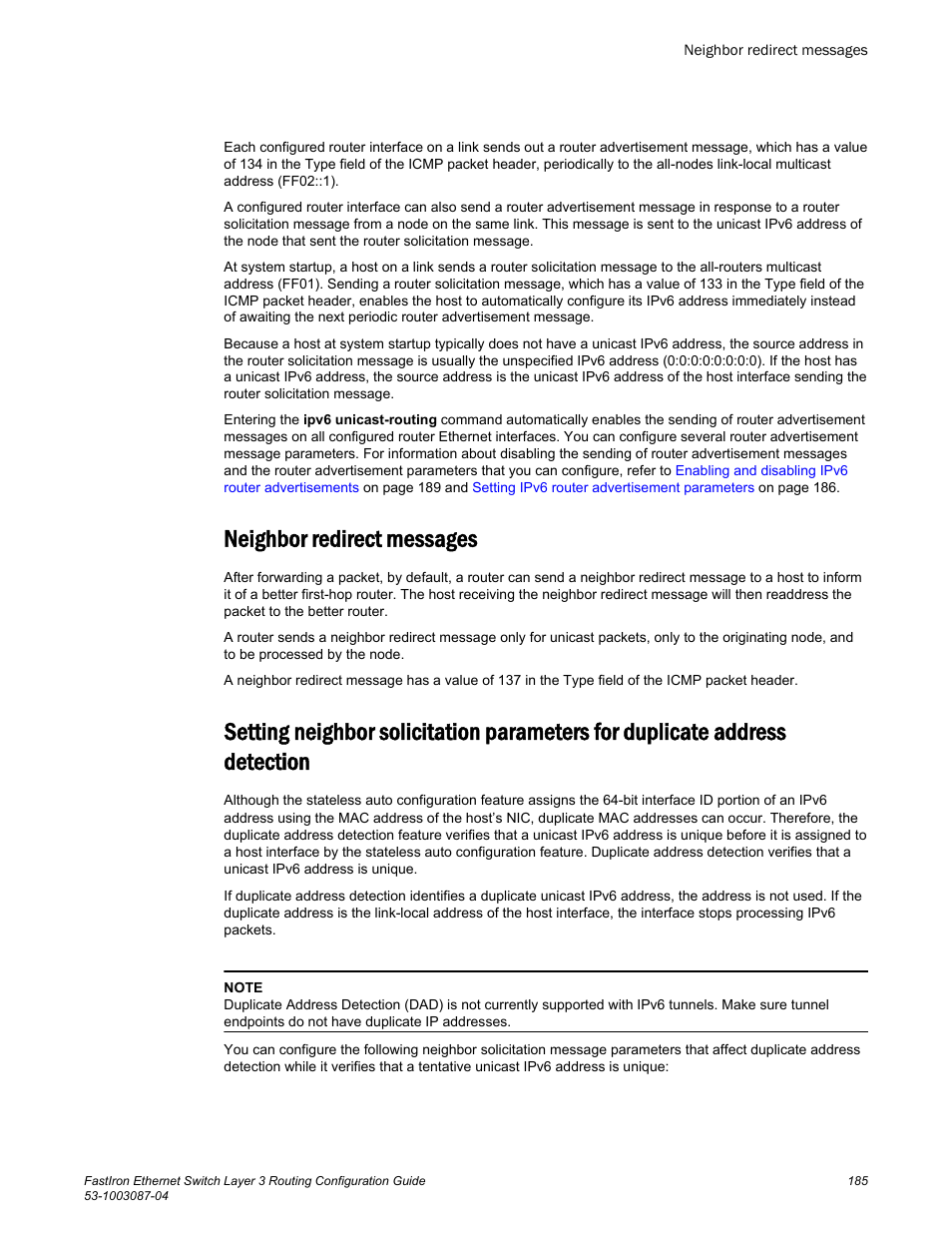 Neighbor redirect messages, Detection | Brocade FastIron Ethernet Switch Layer 3 Routing Configuration Guide User Manual | Page 185 / 672