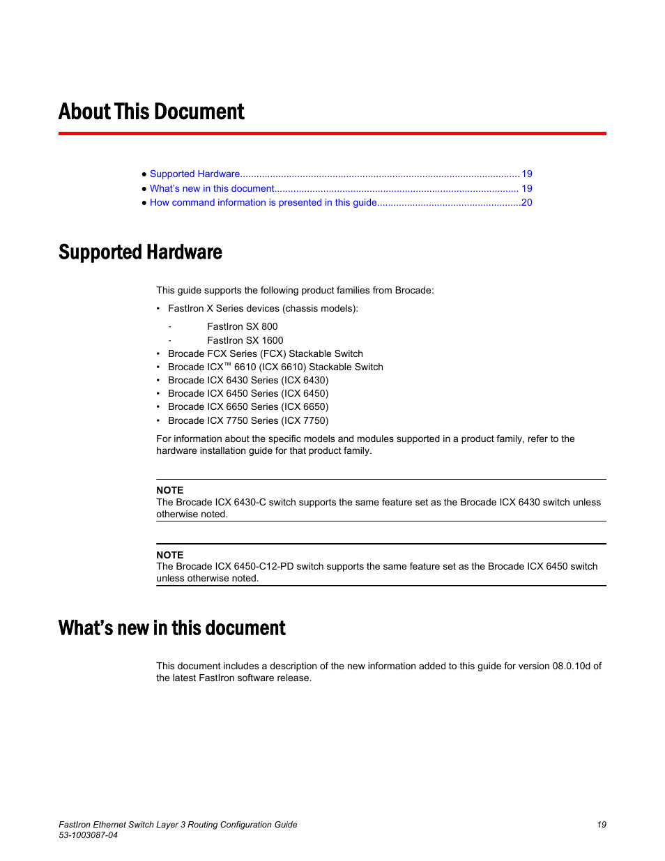 About this document, Supported hardware, What’s new in this document | Supported hardware what’s new in this document | Brocade FastIron Ethernet Switch Layer 3 Routing Configuration Guide User Manual | Page 19 / 672