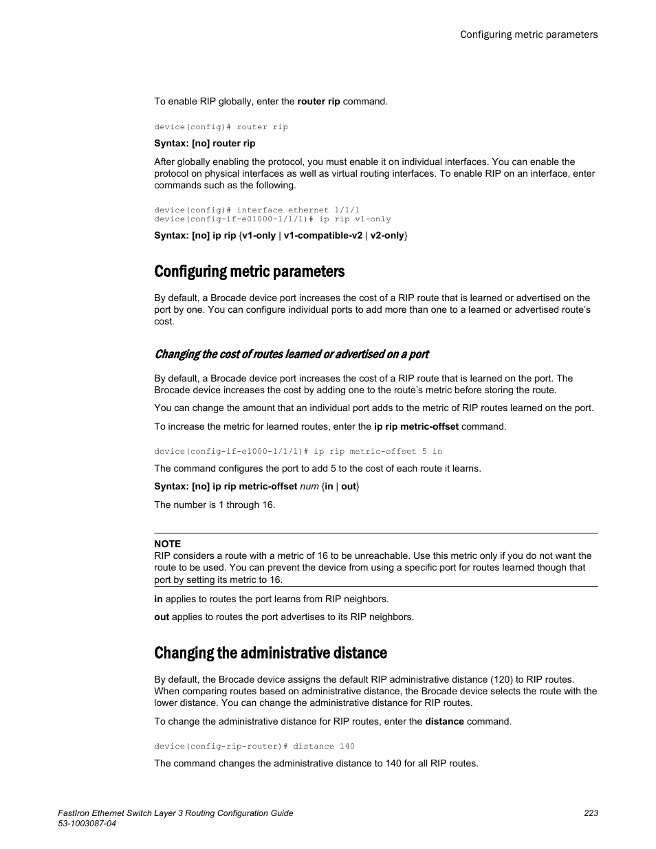Configuring metric parameters, Changing the administrative distance | Brocade FastIron Ethernet Switch Layer 3 Routing Configuration Guide User Manual | Page 223 / 672