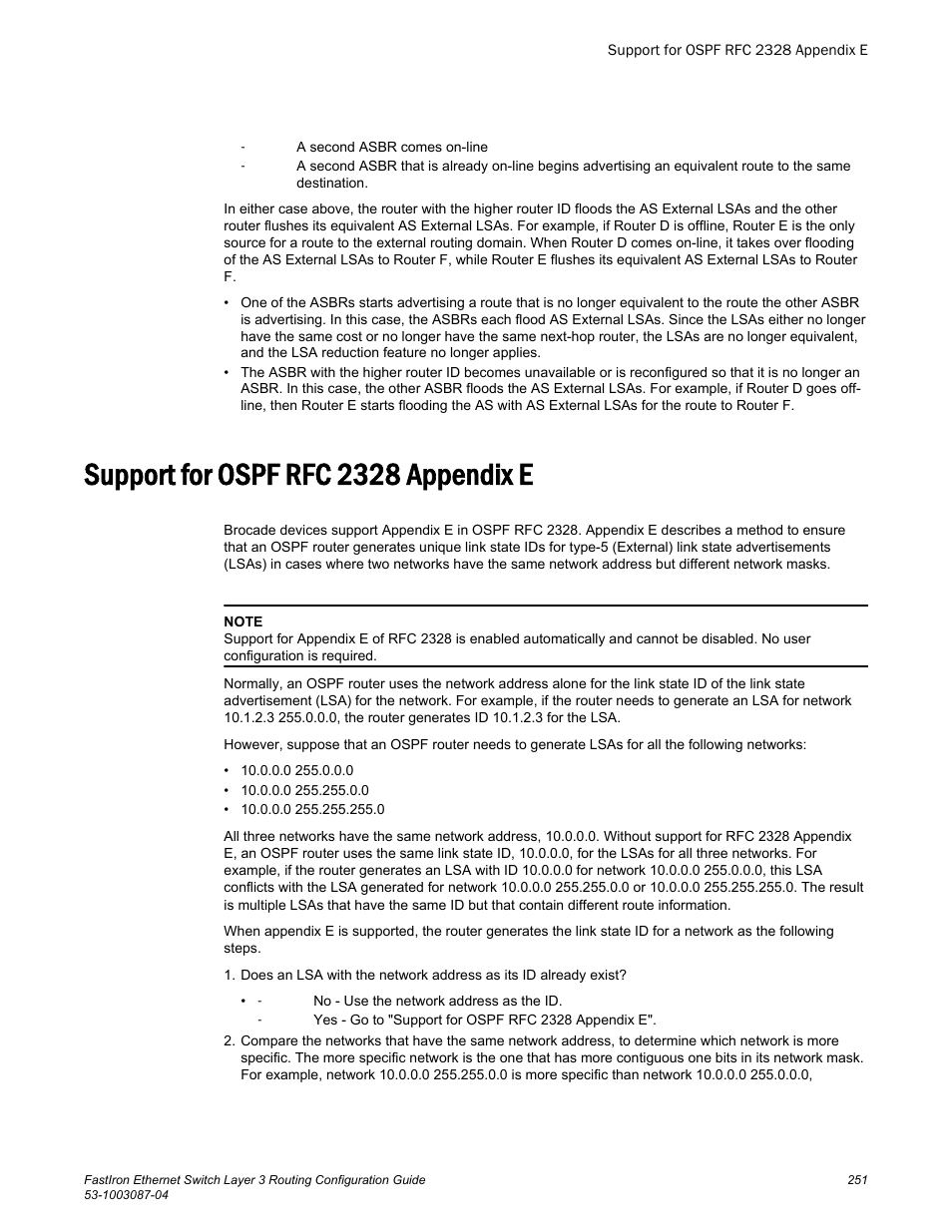 Support for ospf rfc 2328 appendix e | Brocade FastIron Ethernet Switch Layer 3 Routing Configuration Guide User Manual | Page 251 / 672