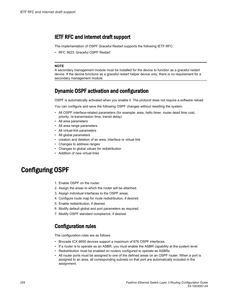 Ietf rfc and internet draft support, Dynamic ospf activation and configuration, Configuring ospf | Configuration rules | Brocade FastIron Ethernet Switch Layer 3 Routing Configuration Guide User Manual | Page 254 / 672