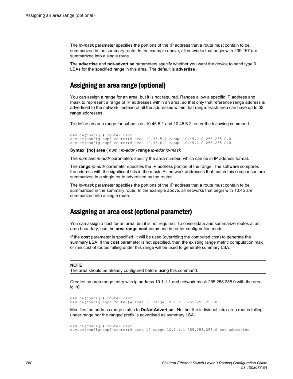 Assigning an area range (optional), Assigning an area cost (optional parameter) | Brocade FastIron Ethernet Switch Layer 3 Routing Configuration Guide User Manual | Page 260 / 672