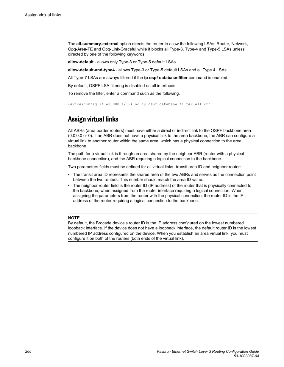 Assign virtual links | Brocade FastIron Ethernet Switch Layer 3 Routing Configuration Guide User Manual | Page 266 / 672