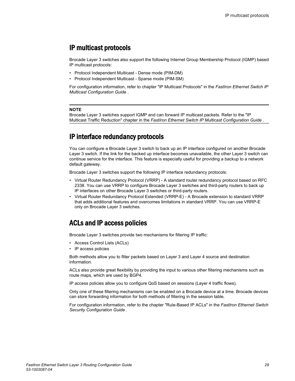 Ip multicast protocols, Ip interface redundancy protocols, Acls and ip access policies | Brocade FastIron Ethernet Switch Layer 3 Routing Configuration Guide User Manual | Page 29 / 672