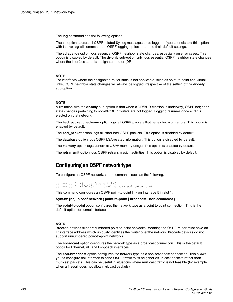 Configuring an ospf network type | Brocade FastIron Ethernet Switch Layer 3 Routing Configuration Guide User Manual | Page 290 / 672