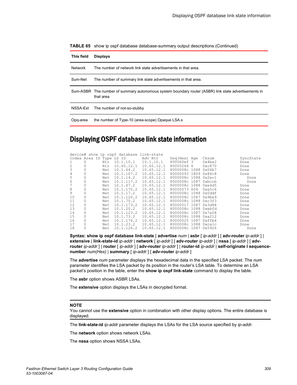 Displaying ospf database link state information | Brocade FastIron Ethernet Switch Layer 3 Routing Configuration Guide User Manual | Page 309 / 672