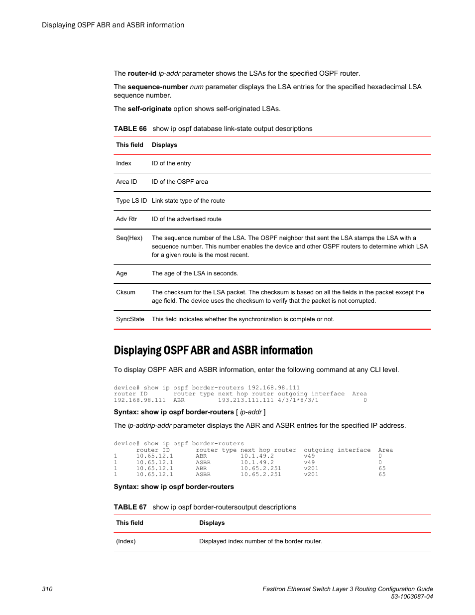 Displaying ospf abr and asbr information | Brocade FastIron Ethernet Switch Layer 3 Routing Configuration Guide User Manual | Page 310 / 672