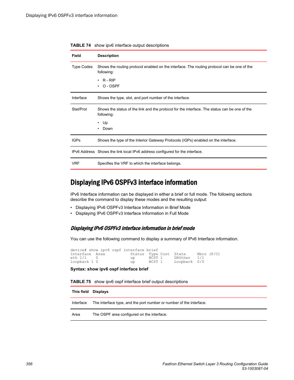 Displaying ipv6 ospfv3 interface information | Brocade FastIron Ethernet Switch Layer 3 Routing Configuration Guide User Manual | Page 356 / 672