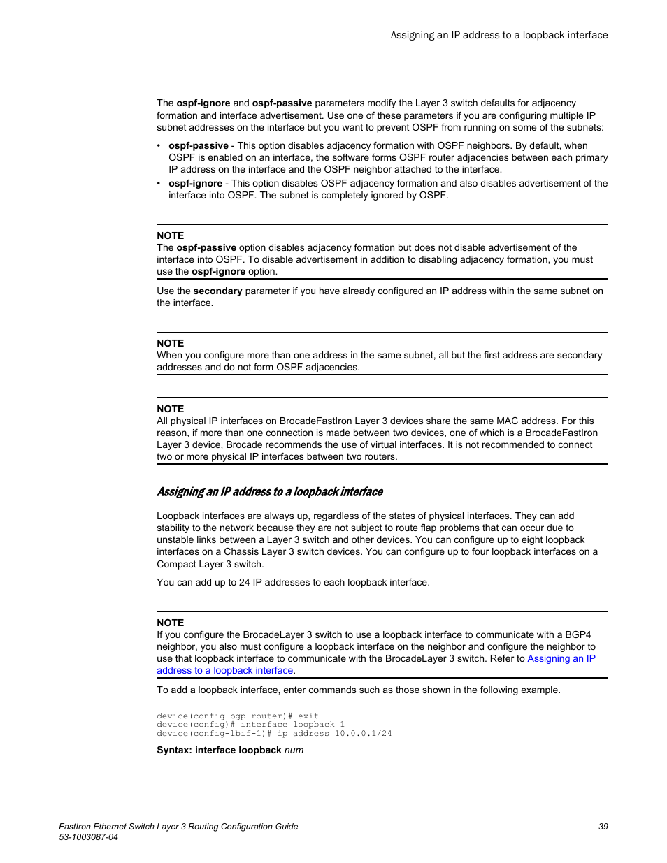 Assigning an ip address to a loopback interface | Brocade FastIron Ethernet Switch Layer 3 Routing Configuration Guide User Manual | Page 39 / 672