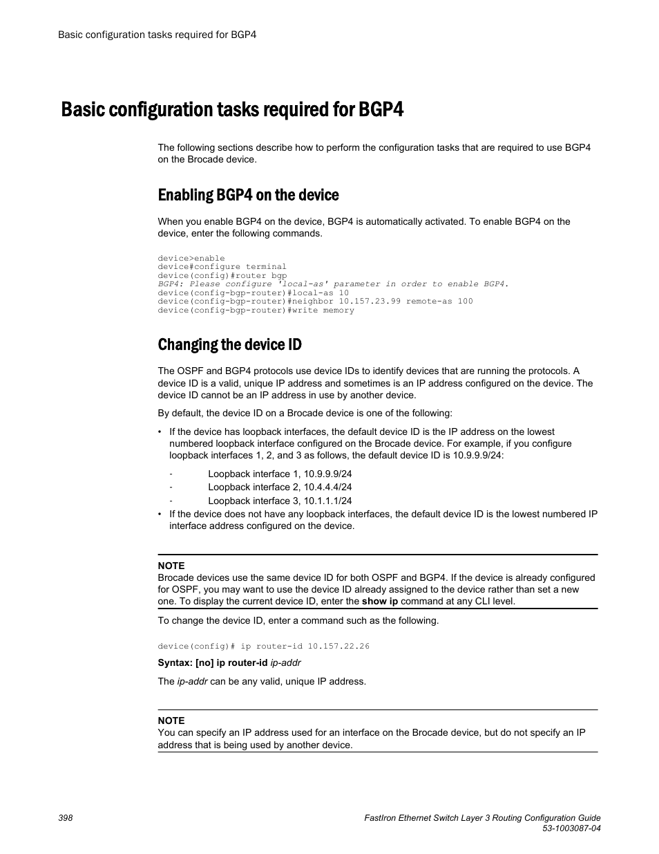 Basic configuration tasks required for bgp4, Enabling bgp4 on the device, Changing the device id | Enabling bgp4 on the device changing the device id | Brocade FastIron Ethernet Switch Layer 3 Routing Configuration Guide User Manual | Page 398 / 672
