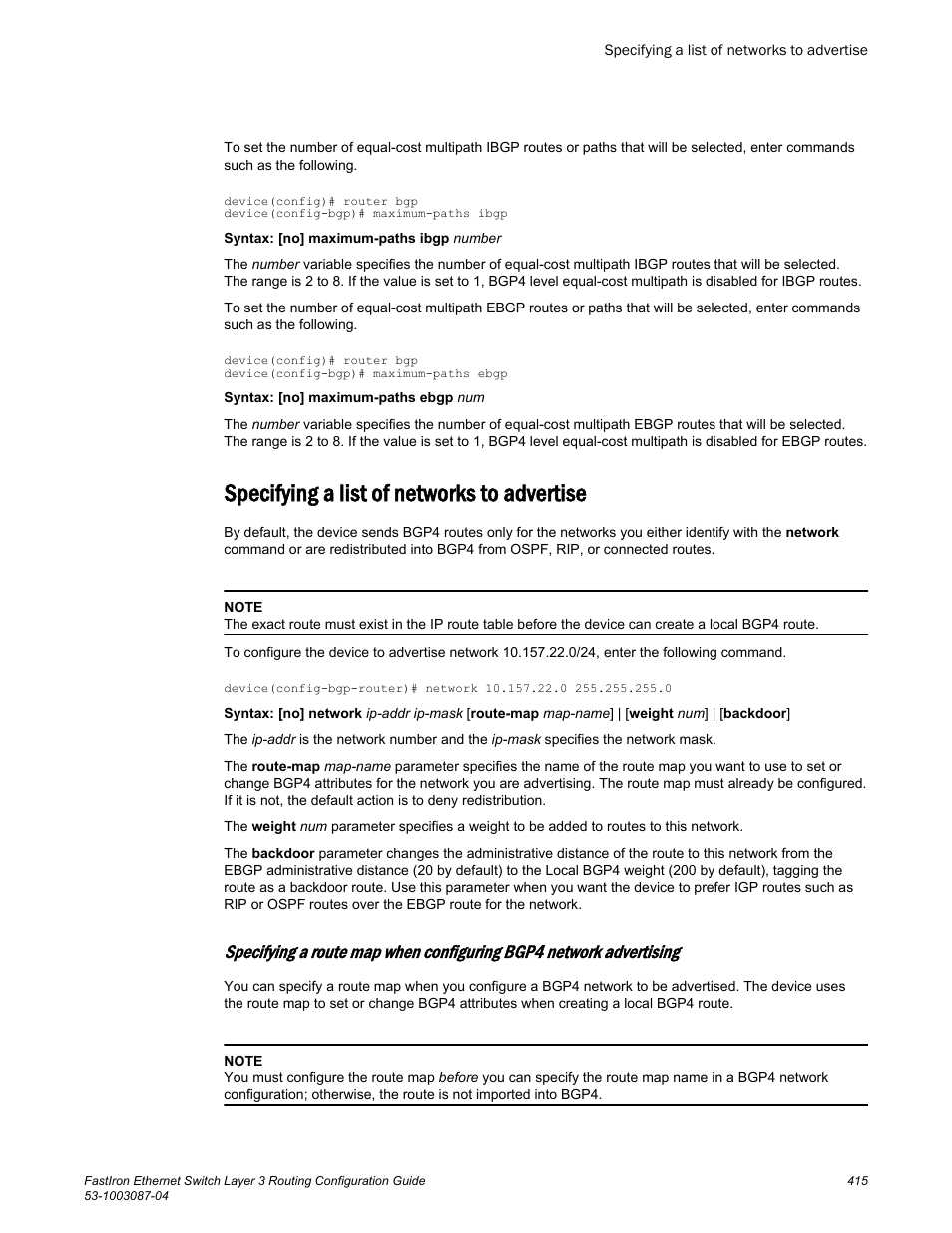 Specifying a list of networks to advertise | Brocade FastIron Ethernet Switch Layer 3 Routing Configuration Guide User Manual | Page 415 / 672