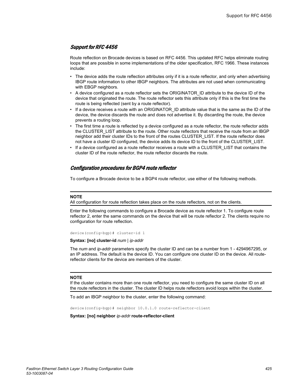 Support for rfc 4456, Configuration procedures for bgp4 route reflector | Brocade FastIron Ethernet Switch Layer 3 Routing Configuration Guide User Manual | Page 425 / 672