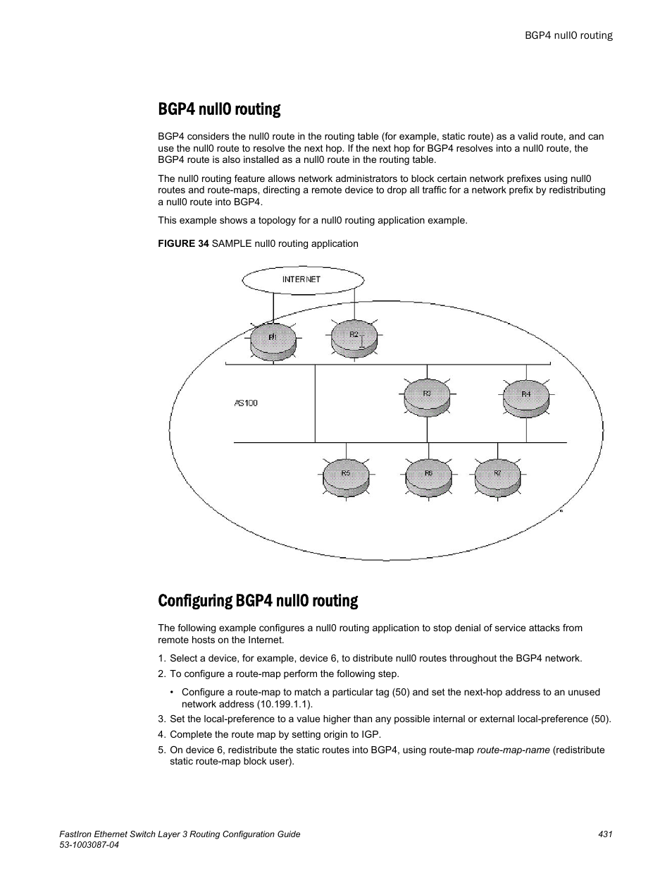 Bgp4 null0 routing, Configuring bgp4 null0 routing, Bgp4 null0 routing configuring bgp4 null0 routing | Brocade FastIron Ethernet Switch Layer 3 Routing Configuration Guide User Manual | Page 431 / 672