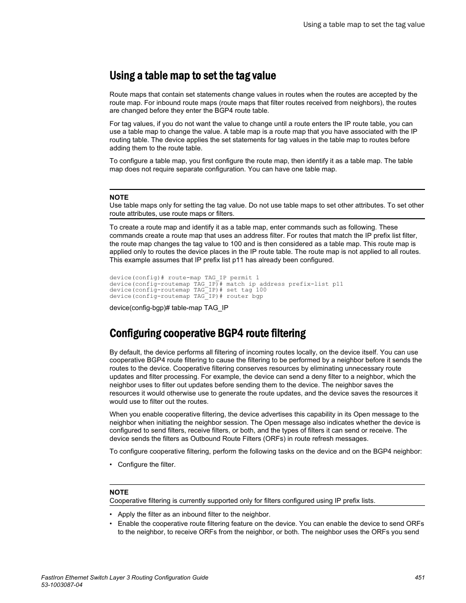 Using a table map to set the tag value, Configuring cooperative bgp4 route filtering | Brocade FastIron Ethernet Switch Layer 3 Routing Configuration Guide User Manual | Page 451 / 672