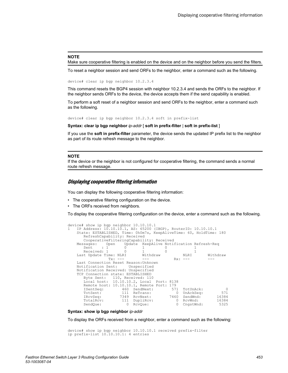 Displaying cooperative filtering information | Brocade FastIron Ethernet Switch Layer 3 Routing Configuration Guide User Manual | Page 453 / 672
