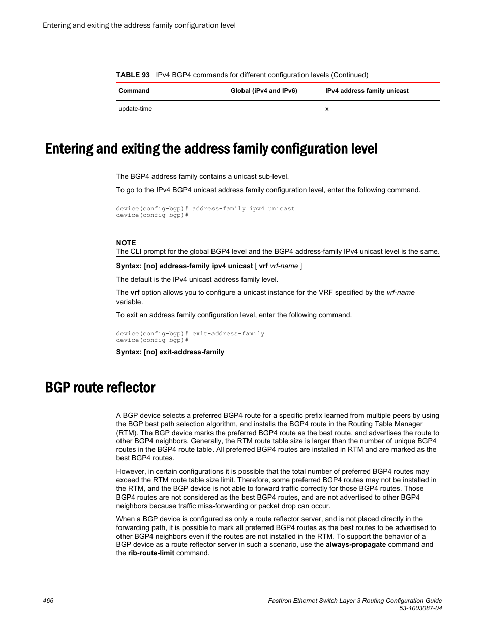 Bgp route reflector | Brocade FastIron Ethernet Switch Layer 3 Routing Configuration Guide User Manual | Page 466 / 672