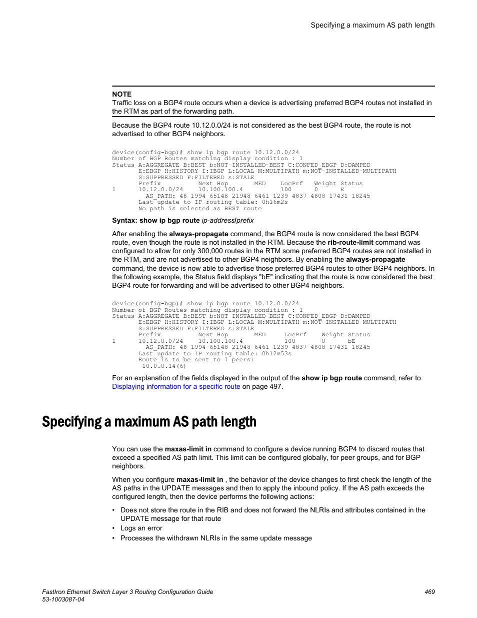 Specifying a maximum as path length | Brocade FastIron Ethernet Switch Layer 3 Routing Configuration Guide User Manual | Page 469 / 672
