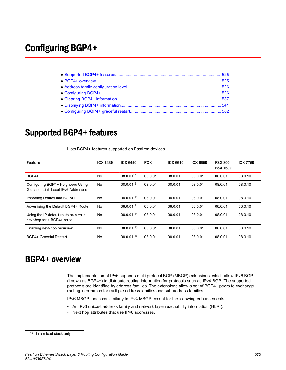 Configuring bgp4, Supported bgp4+ features, Bgp4+ overview | Supported bgp4+ features bgp4+ overview | Brocade FastIron Ethernet Switch Layer 3 Routing Configuration Guide User Manual | Page 525 / 672