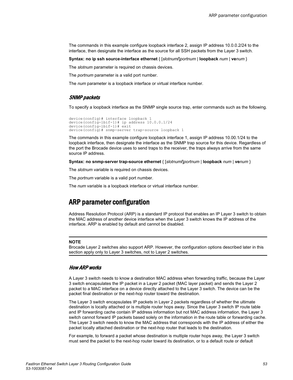 Arp parameter configuration, How arp works, Snmp packets | Brocade FastIron Ethernet Switch Layer 3 Routing Configuration Guide User Manual | Page 53 / 672
