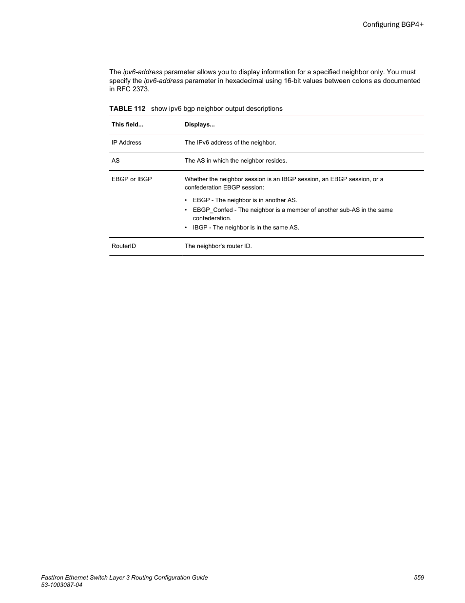 Brocade FastIron Ethernet Switch Layer 3 Routing Configuration Guide User Manual | Page 559 / 672